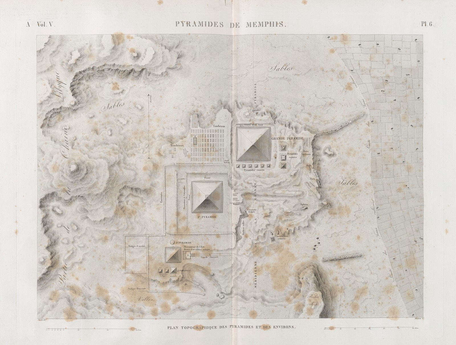 Topographic plan of the plateau, surveyed by Napoleon's engineers. The three pyramid complexes, their causeways and the mastaba fields are all laid out here.