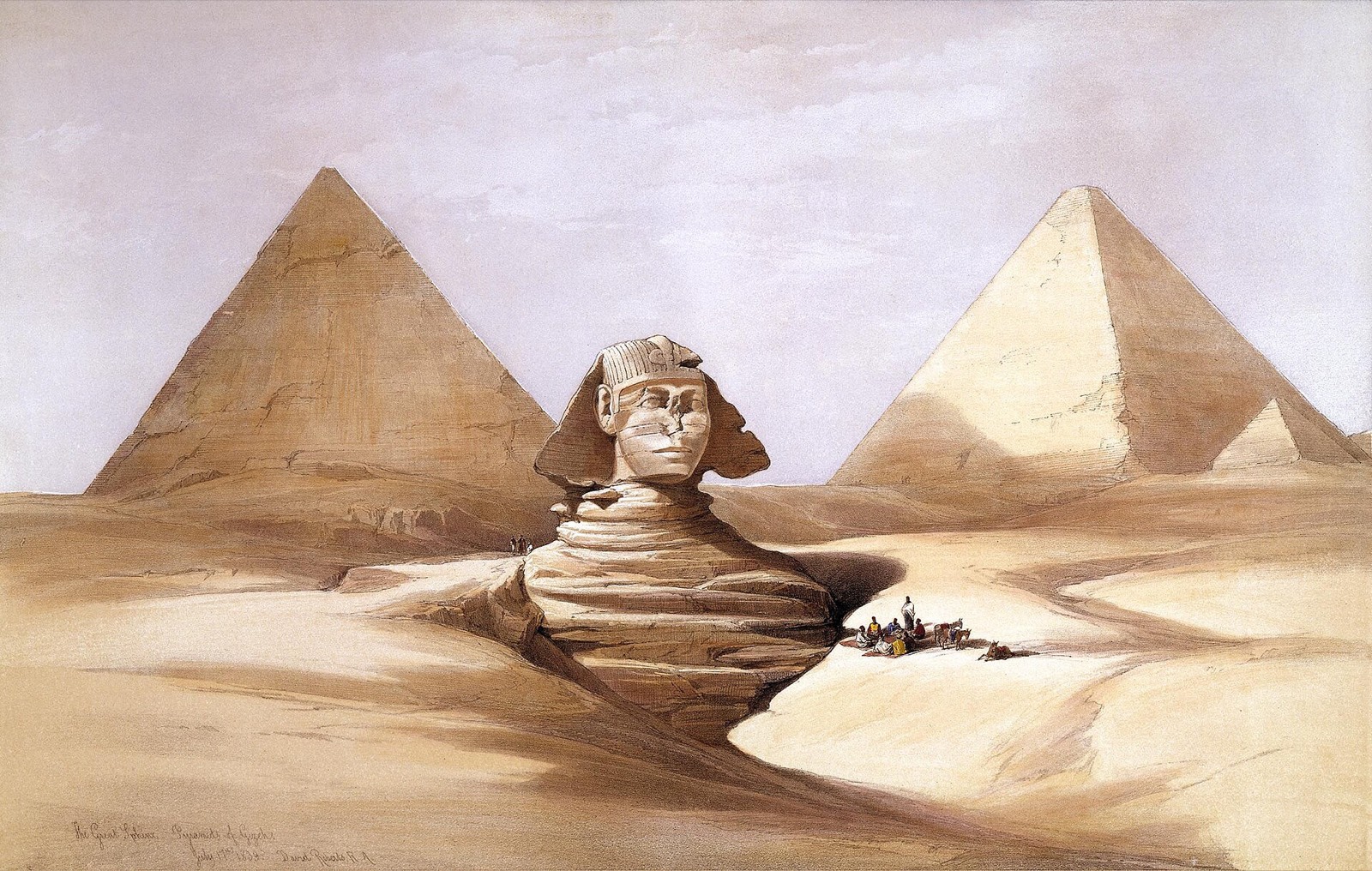David Roberts drew the Sphinx in 1838 with the sand cleared away from the head and chest — a partial excavation that had silted up again within years.